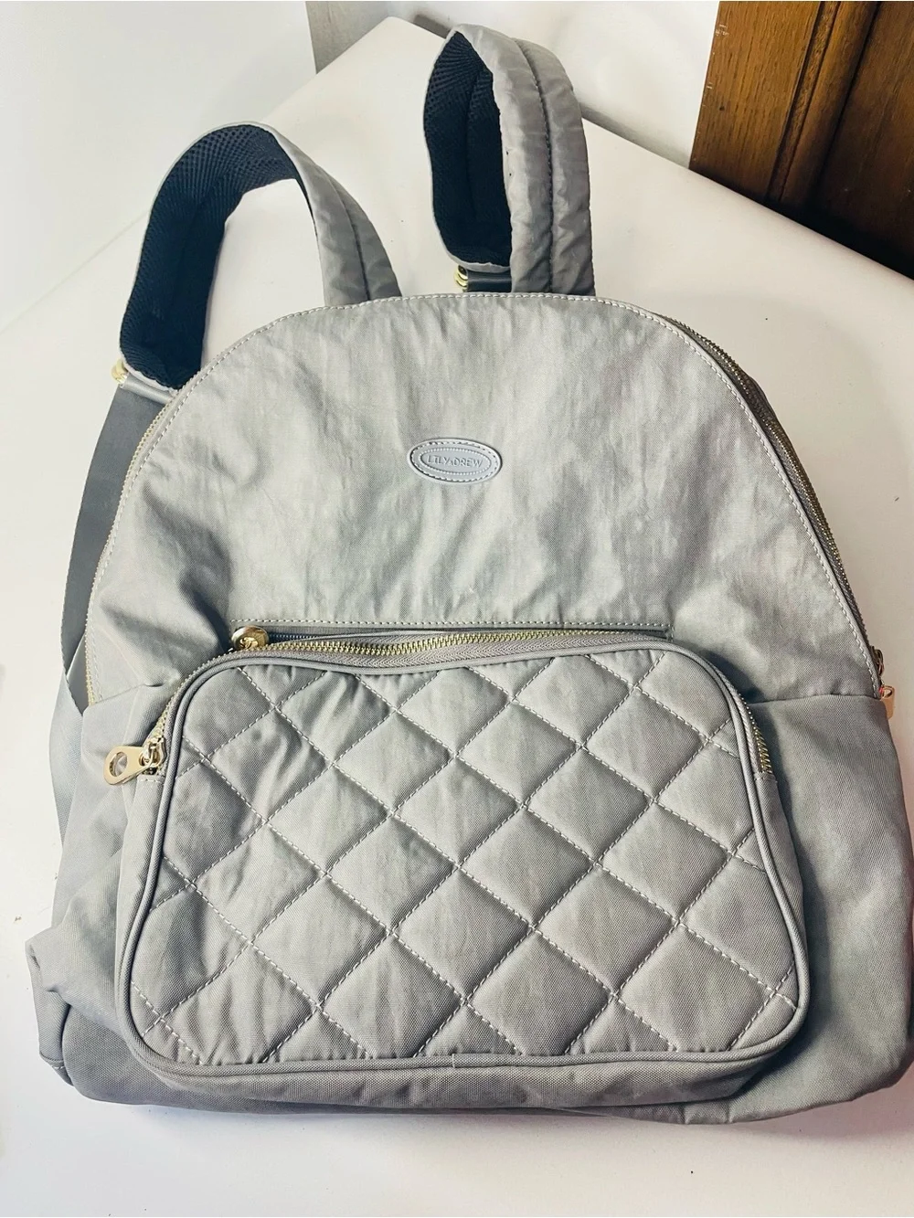 Lily & Drew Light wright Gray Nylon Backpack Organizer Gold Zippers Spacious